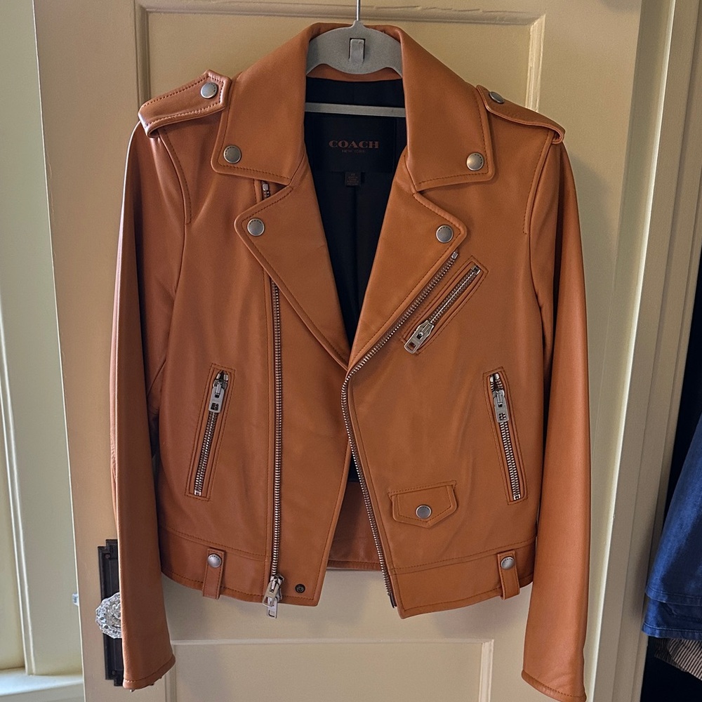 Coach Tan Leather Moto Jacket